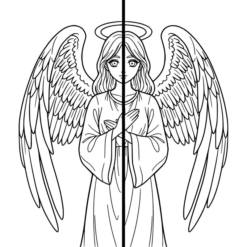 an anime angel with a vertical line through the middle