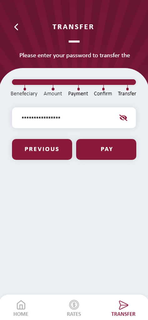 Al Sadd Exchange - Al Sadd Exchange mobile app transfer confirmation step showing password entry field and pay button