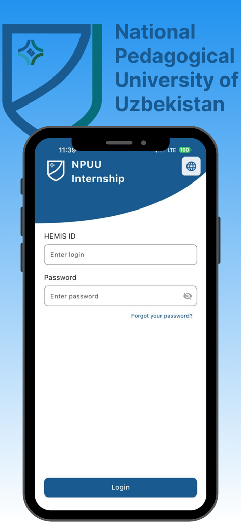 NPUU Internship - Pantalla de inicio de sesión de la aplicación NPUU Internship para estudiantes de la Universidad Pedagógica Nacional de Uzbekistán