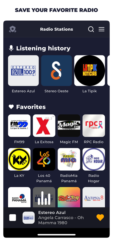 Panama Radio Live FM & AM - Mobile app interface showing favorite Panamanian radio stations and listening history
