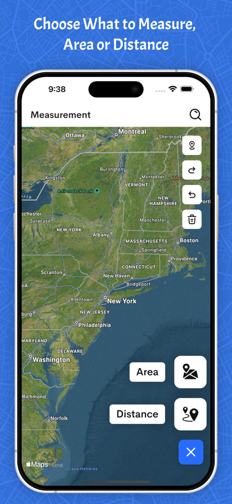 Field maps - Distance Measure - Tela de smartphone exibindo um mapa de satélite do nordeste dos Estados Unidos com botões para selecionar entre os modos de medição de área e distância.
