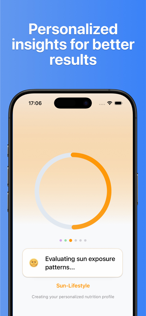 Supplements AI app screen showing a progress wheel for evaluating sun exposure patterns and creating a personalized nutrition profile.