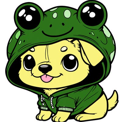 a dog in a frog hoodie
