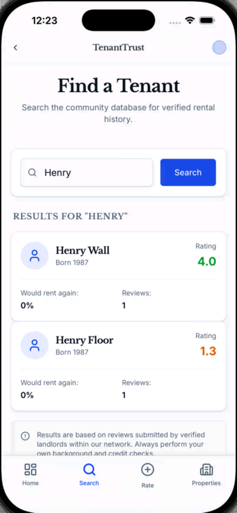 TenantTrust for Landlords - The TenantTrust app interface showing search results for a prospective tenant with community ratings and rental history