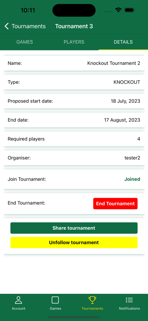 AfroDraught - AfroDraught app screen displaying details for a knockout tournament including dates and participant requirements
