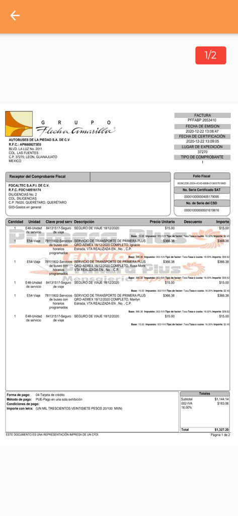 A detailed view of a Mexican CFDI fiscal invoice for travel expenses including bus transport and travel insurance