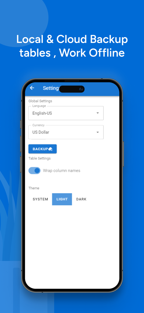 Settings screen of Table Notes app showing options for local and cloud backup and offline work