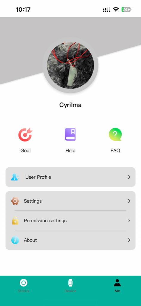 User profile and settings screen of the FTX Smart app showing navigation for goals and help.