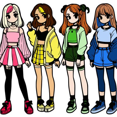 one girl with crop-top shirt and a jacket with a skirt, long socks and another girl with a shirt and pants with a jacket