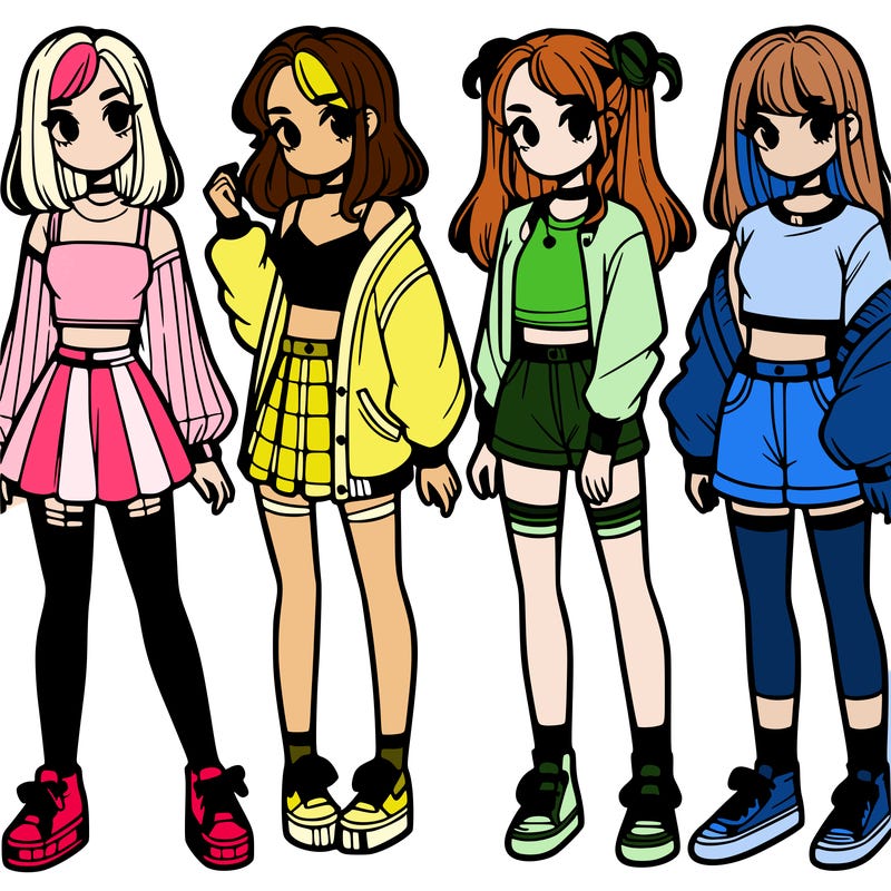 one girl with crop-top shirt and a jacket with a skirt, long socks and another girl with a shirt and pants with a jacket