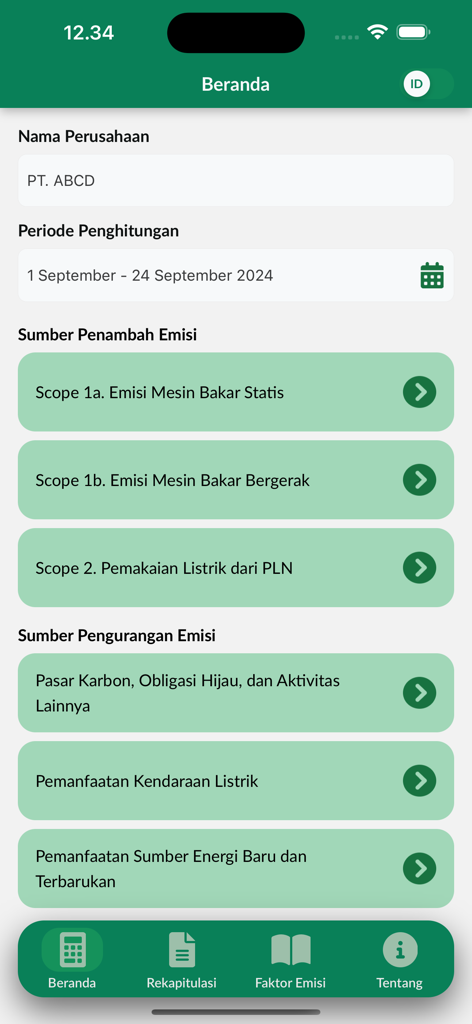 Kalkulator Hijau app dashboard for calculating greenhouse gas emissions