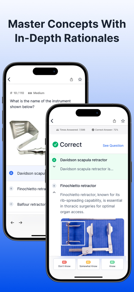 Surgical Technologist Mastery - Deux écrans mobiles montrant des questions d'entraînement sur les instruments chirurgicaux et des explications approfondies de l'application Maîtrise du Technicien en Chirurgie.