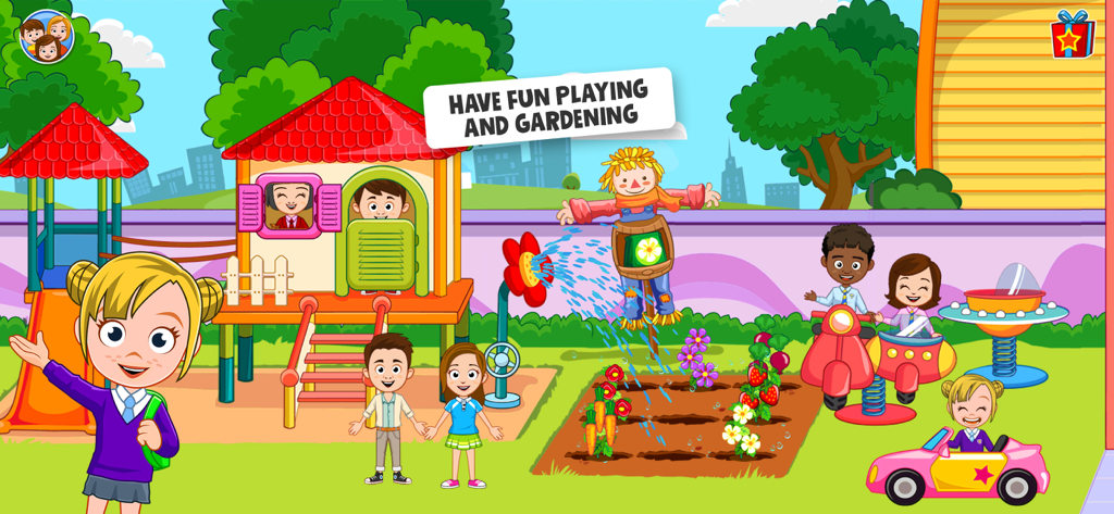A colorful playground and garden scene with children characters in the My Town Preschool app