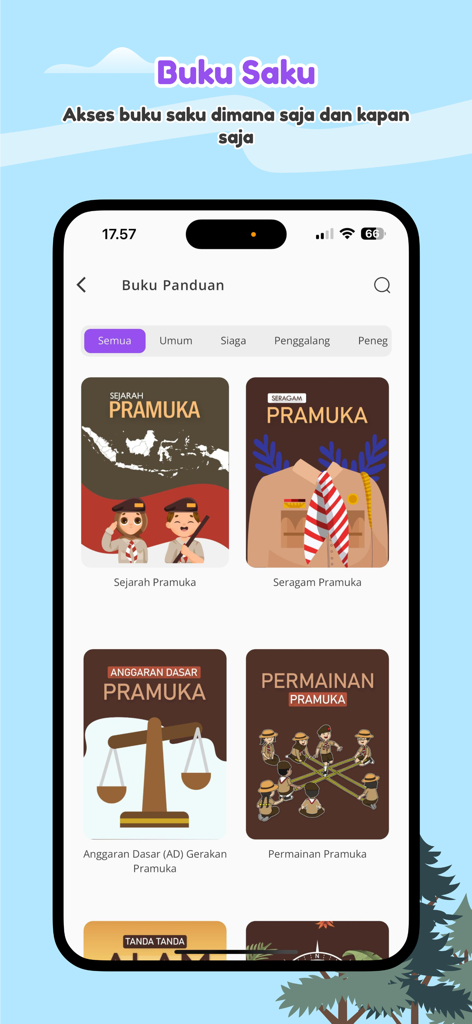 AyoPramuka app interface displaying digital scouting guidebooks including history, uniforms, and movement bylaws.