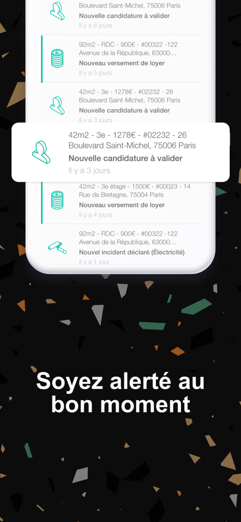 Interface de l'application mobile Manda montrant les notifications en temps réel pour les paiements de loyer, les candidatures de locataires et les problèmes de maintenance