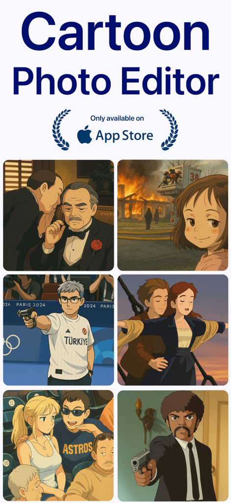 Cartoon Photo Editor: Photo AI - Cartoon Photo Editor app showcasing AI anime transformations of famous movie scenes and internet memes