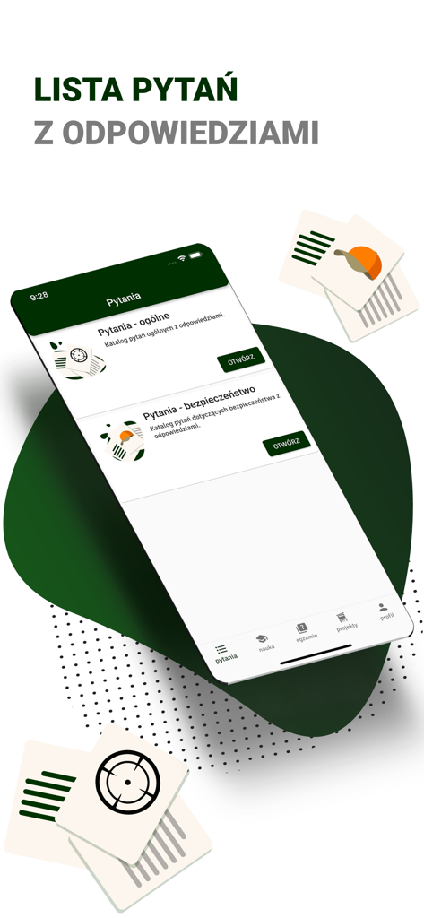 Pantalla móvil de la aplicación Egzamin Łowiecki que muestra opciones para preguntas generales y de seguridad del examen de caza.