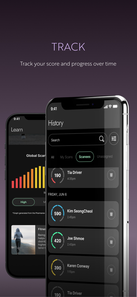Nu Skin Prysm iO - Mobile phone displaying the Nu Skin Prysm iO app history screen with wellness scores and progress tracking