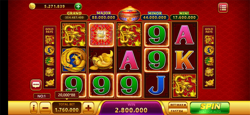 Mobile slot machine game screen featuring golden dragon symbols and jackpot counters.