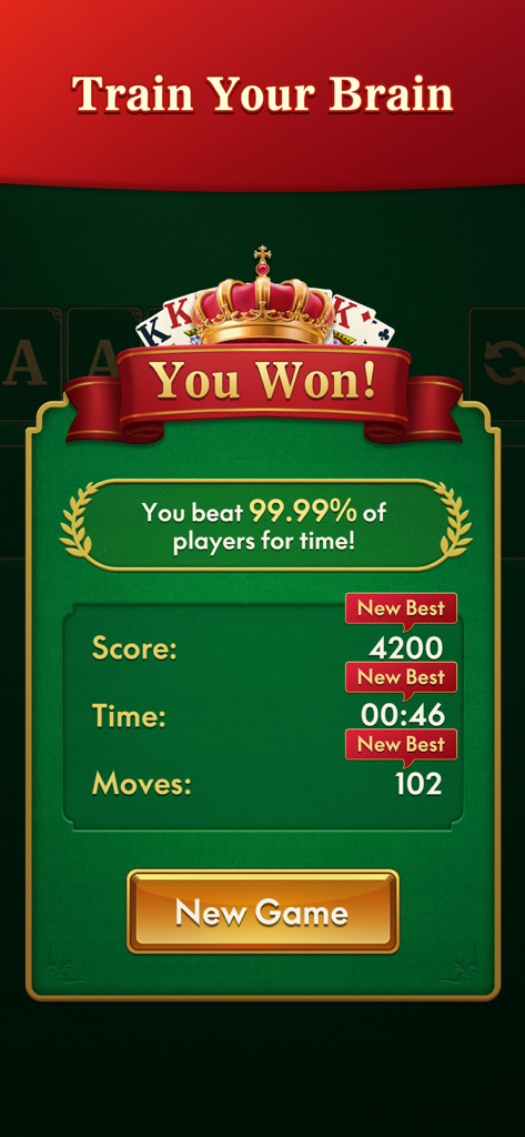 Solitaire Master - Classic - Victory screen for Solitaire Master Classic displaying game statistics and the message Train Your Brain.