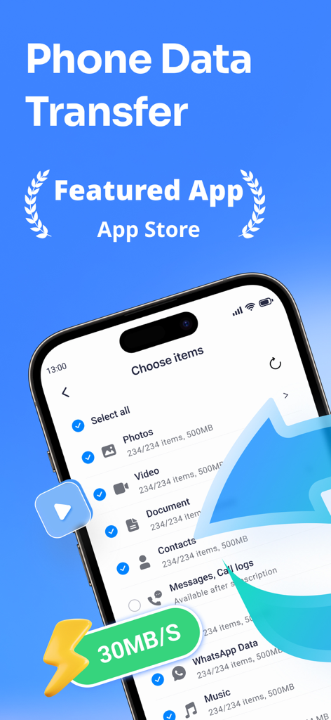 Data Transfer - MobileTrans - Una pantalla de smartphone que muestra la interfaz de la aplicación MobileTrans con opciones para seleccionar fotos y videos para una transferencia rápida de datos