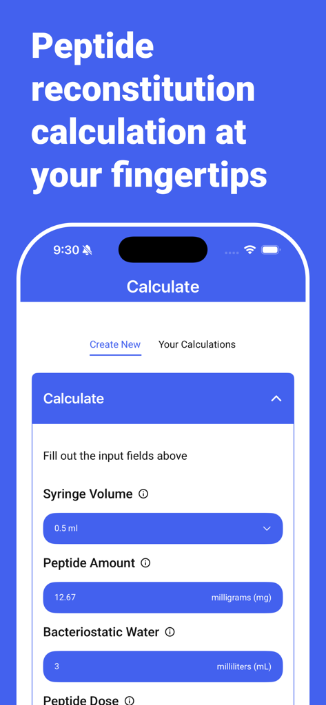 PepCal: Peptide Calculator - Interface do aplicativo PepCal para reconstituição de peptídeos mostrando campos de entrada de volume de seringa e quantidade de peptídeo