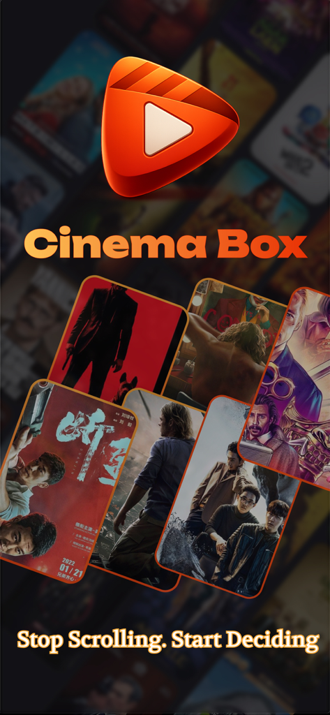 Cinema Box : Movies & Showbox - Cinema Box app splash screen with the logo and tagline Stop Scrolling Start Deciding