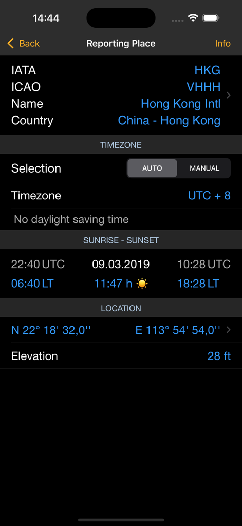 EASA FTL Calc reporting place screen displaying airport details for Hong Kong International