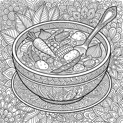 Explore the delightful fusion of wholesome vegetables and intricate artistry with this unique Zentangle soup coloring page. Each element is bursting with detailed patterns, inviting you to a truly engaging and meditative coloring experience.