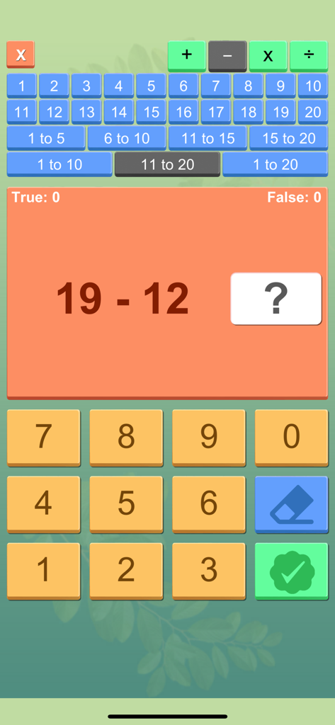 Math Tables with Quiz - Educational app interface showing a subtraction quiz problem with a numeric keypad for student practice