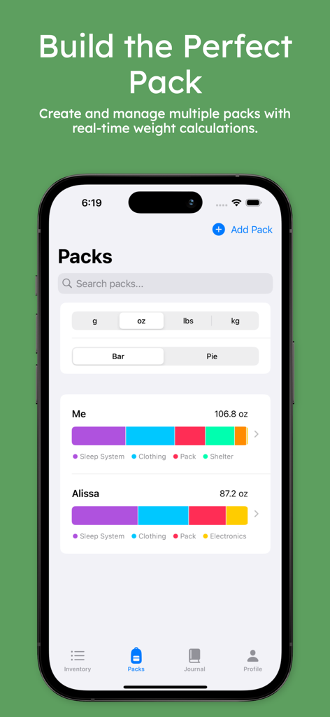 Pak Mule app interface showing gear weight distribution bar graphs for multiple hiking packs.