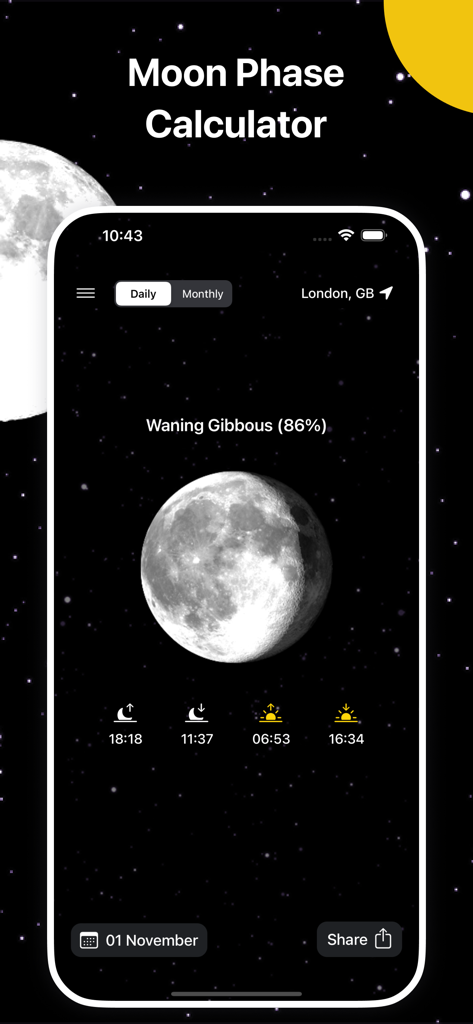 Moon Phase: Lunar Calendar - Pantalla de la aplicación calculadora de fase lunar mostrando una luna gibosa menguante con horas de salida y puesta