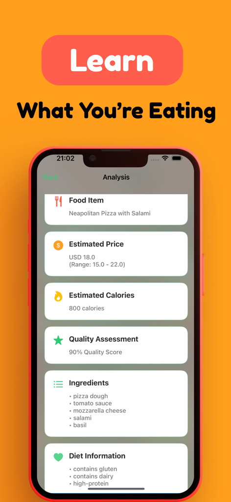 Smart Food Scanner – MenuSnap - MenuSnapアプリ分析画面、ピザの推定カロリー、価格、材料が表示されています