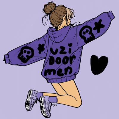 realistic girl jumping with a bun and oversized sweatshirt