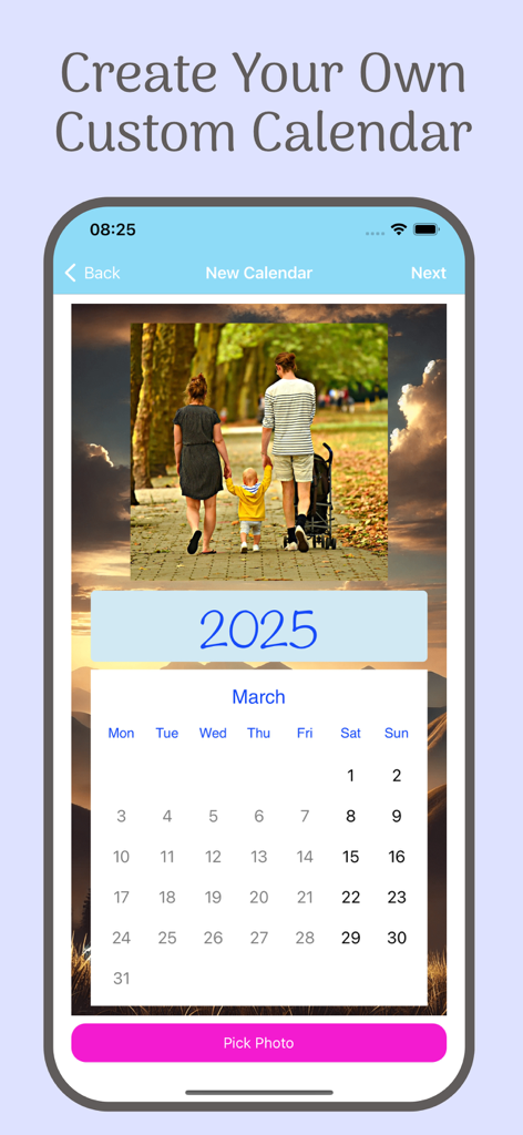 Create Calendar With Photos - Una interfaz de aplicación móvil para crear un calendario de fotos personalizado para 2025 con fotos familiares.