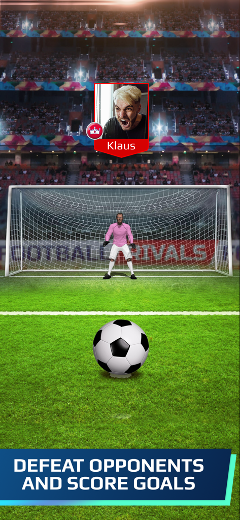 Football Rivals: Soccer Game - Penalty shootout gameplay in Football Rivals with a soccer ball and goalkeeper in a stadium