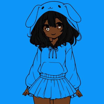 pretty anime girl wearing a fluffy hoodie with bunny ears on the hood and a skirt
