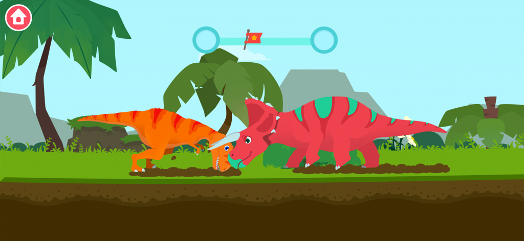 Deux dinosaures de dessin animé colorés interagissant dans un décor de jungle de l'application Dinosaur Island