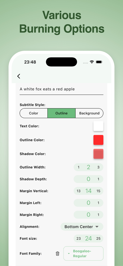 VidSub: Video Subtitle Creator - Interfaz para personalizar estilos de subtítulos, incluyendo colores, contornos y fuentes en VidSub