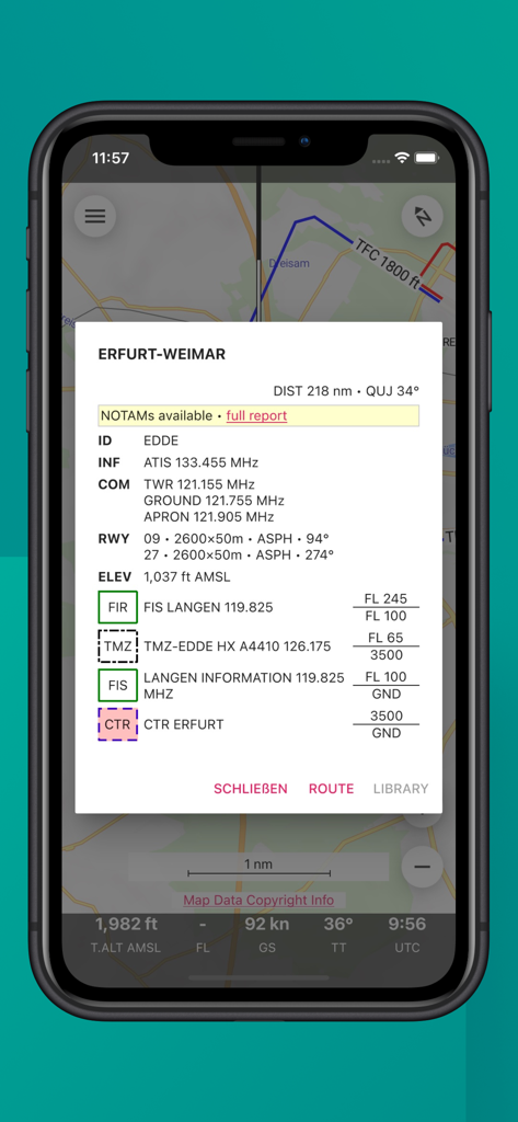 Detaillierte Flughafeninformationen und Frequenzen, angezeigt in der Enroute Flugnavigations-App