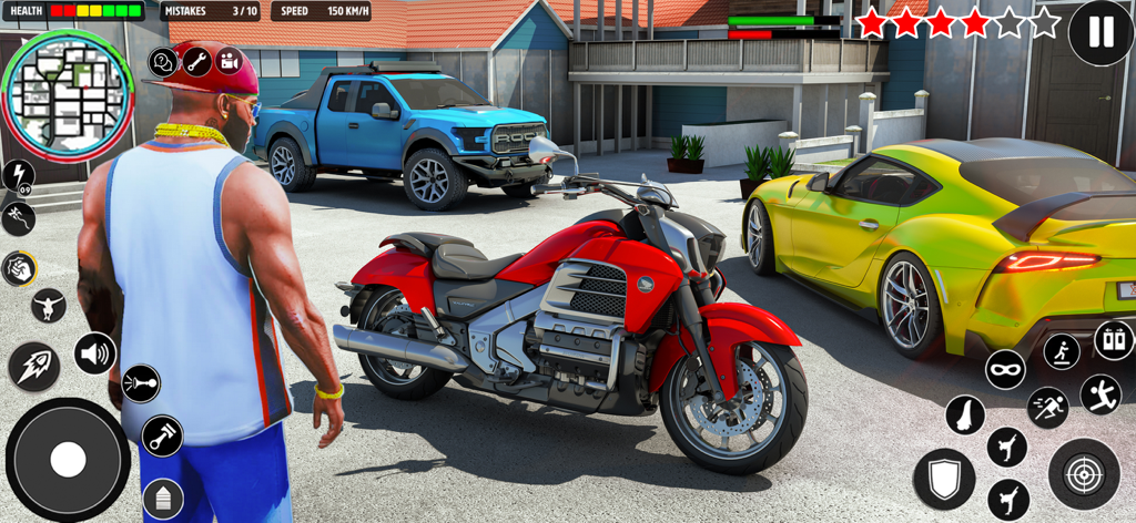Xtreme Motorbikes Driving Game - A character standing near a red motorbike, yellow sports car, and blue truck in a city street setting from the Xtreme Motorbikes Driving Game.
