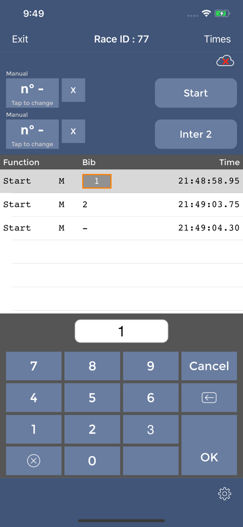 FDS Remote Timer - Race timing interface with bib number entry and timestamp log