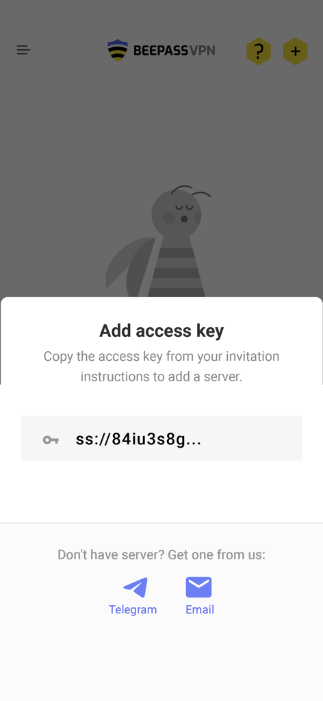 Interface of BeePass VPN showing the dialog to add a Shadowsocks access key for private server configuration.