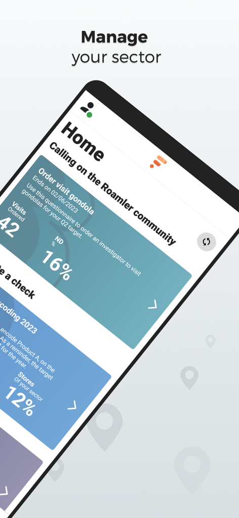 Focus (by Roamler) - Schermata principale dell'app mobile Focus by Roamler che mostra una dashboard delle vendite sul campo con schede di gestione attività e statistiche sulle prestazioni del settore