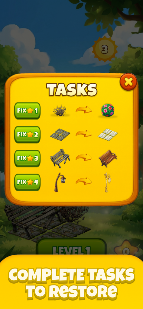 Light Bloom: Puzzle Game - Menú de tareas en Light Bloom Puzzle Game mostrando elementos de jardín como bancos y lámparas para restaurar