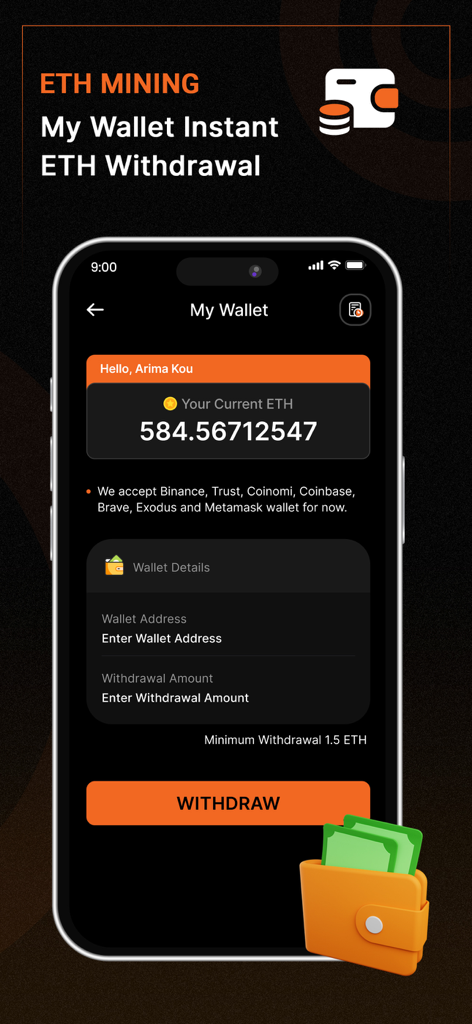 Ethereum Mining, ETH Miner - Ein mobiler Telefonbildschirm aus der Ethereum Mining App, der den Wallet-Saldo und die Auszahlungsoptionen anzeigt.