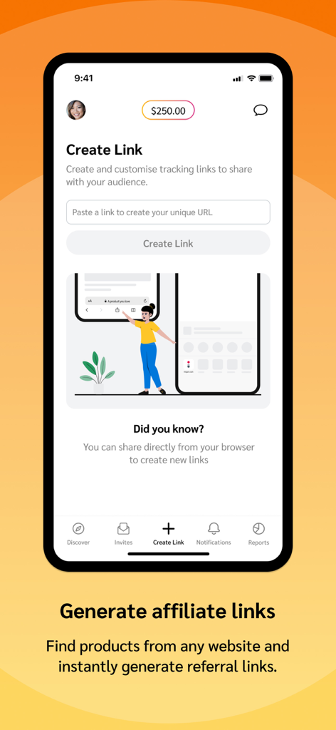 Écran de l'application mobile pour impact.com montrant l'interface pour créer et personnaliser des liens de suivi d'affiliation pour les produits.