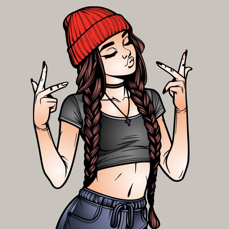 realistic teenage girl with braids and a beanie and crop top doing 🫶🏼