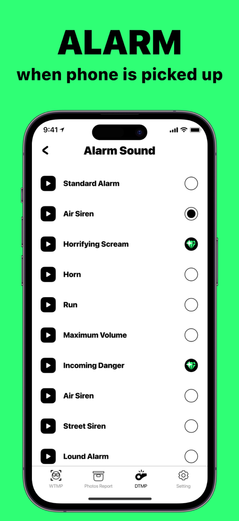 WTMP Who Touched My Phone - A list of alarm sound options in the WTMP app for the dont touch my phone feature