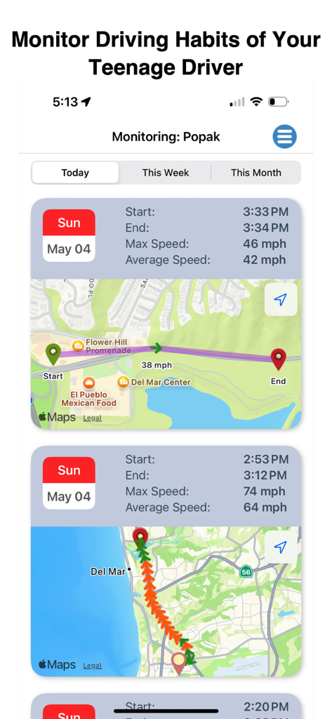 SafeDrive-App zeigt Fahrprotokolle mit Karten und Geschwindigkeitsstatistiken für einen jugendlichen Fahrer
